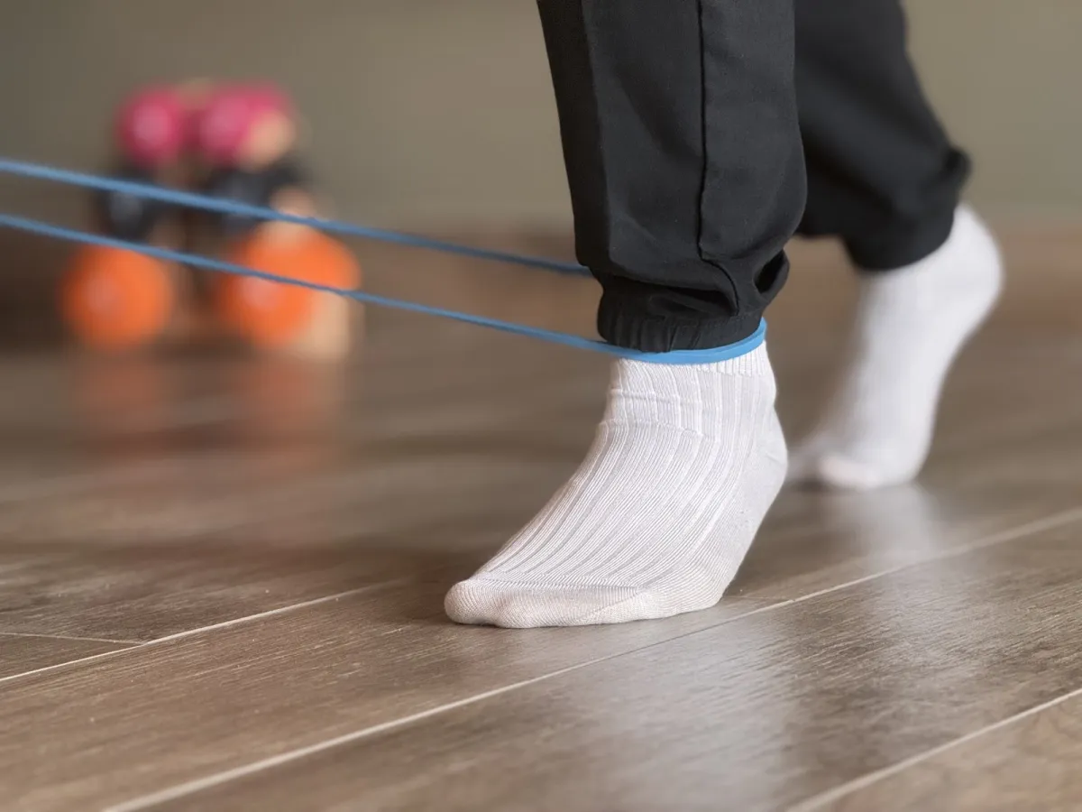 Exercice de rééducation de la cheville et du pied avec un élastique, au cabinet