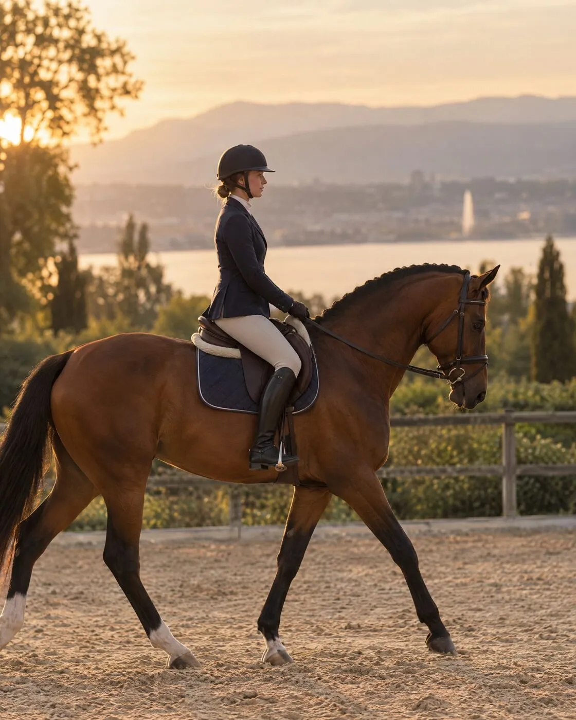Une cavalière au pas dans une carrière au coucher du soleil, au-dessus du lac Léman